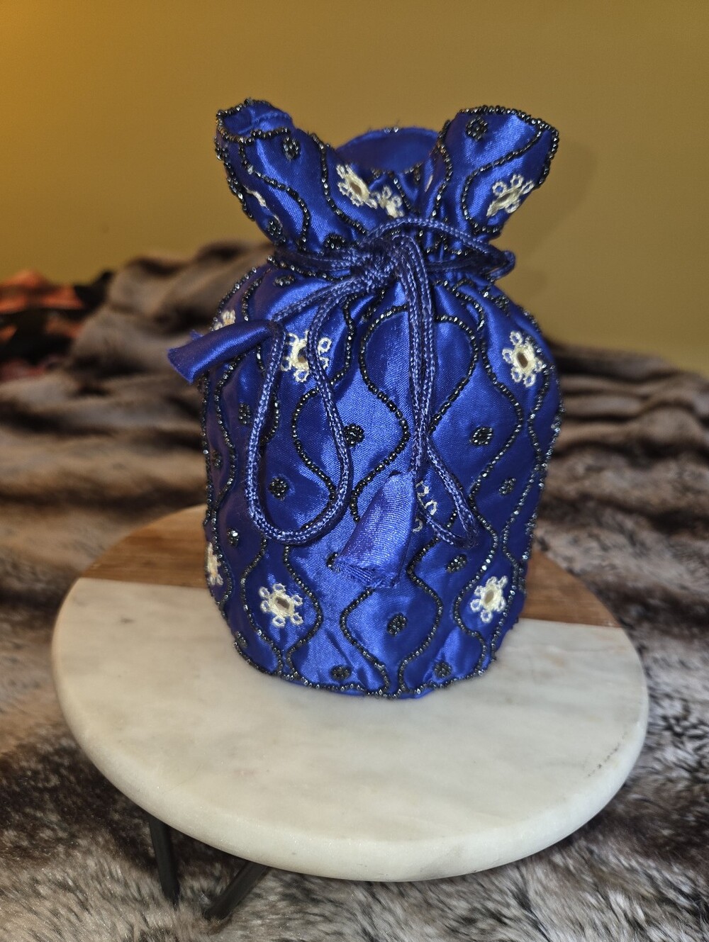 Embroidered Blue Satin Potli bag or Batwa Pouch with a Drawstring